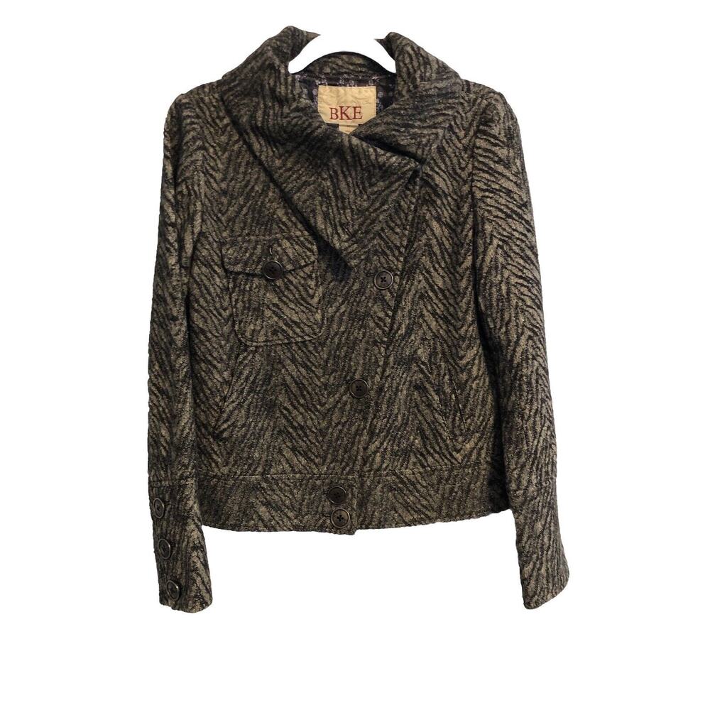 BKE Womens Coat Medium Wool Blend Button Up‎ Pocket Blazer Peacoat Animal Print